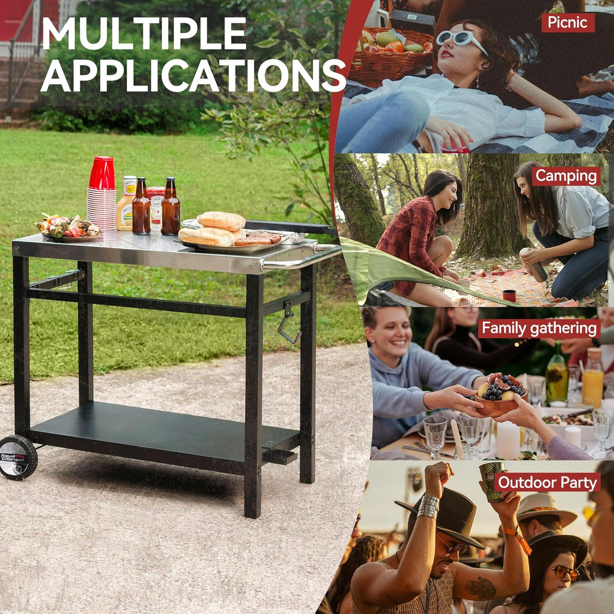 Royal Gourmet Dining Cart Table with Double-Shelf, Movable Stainless Steel Flattop Grill Cart, Hooks, Side Handle, Multifunctional PC3401B (Black)