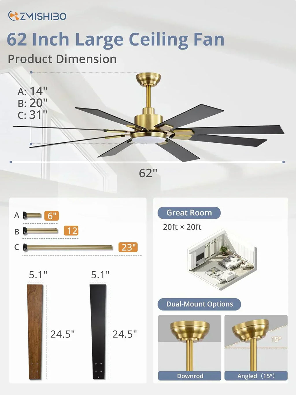 Zmishibo 72-inch large ceiling fan with lighting and remote indoor/outdoor