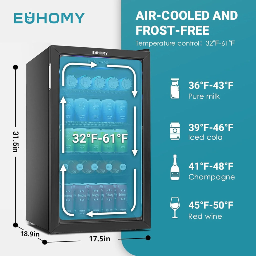 EUHOMY Beverage Refrigerator Cooler, 130 Can Mini Fridge with Glass Door for Soda Beer or Wine, Beverage Cooler for Home, Office, Bar with Adjustable Removable Shelves, Silver