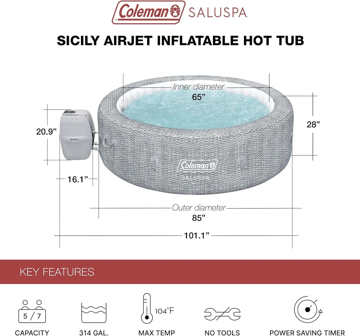 SaluSpa Sicily AirJet 7 Person Inflatable Hot Tub Round Portable Outdoor Spa with 180 Soothing AirJets and Insulated Cover, Gray