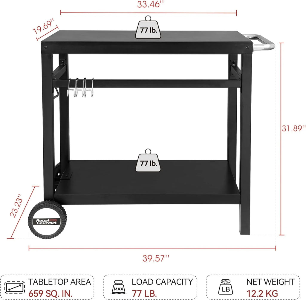 Royal Gourmet Dining Cart Table with Double-Shelf, Movable Stainless Steel Flattop Grill Cart, Hooks, Side Handle, Multifunctional PC3401B (Black)