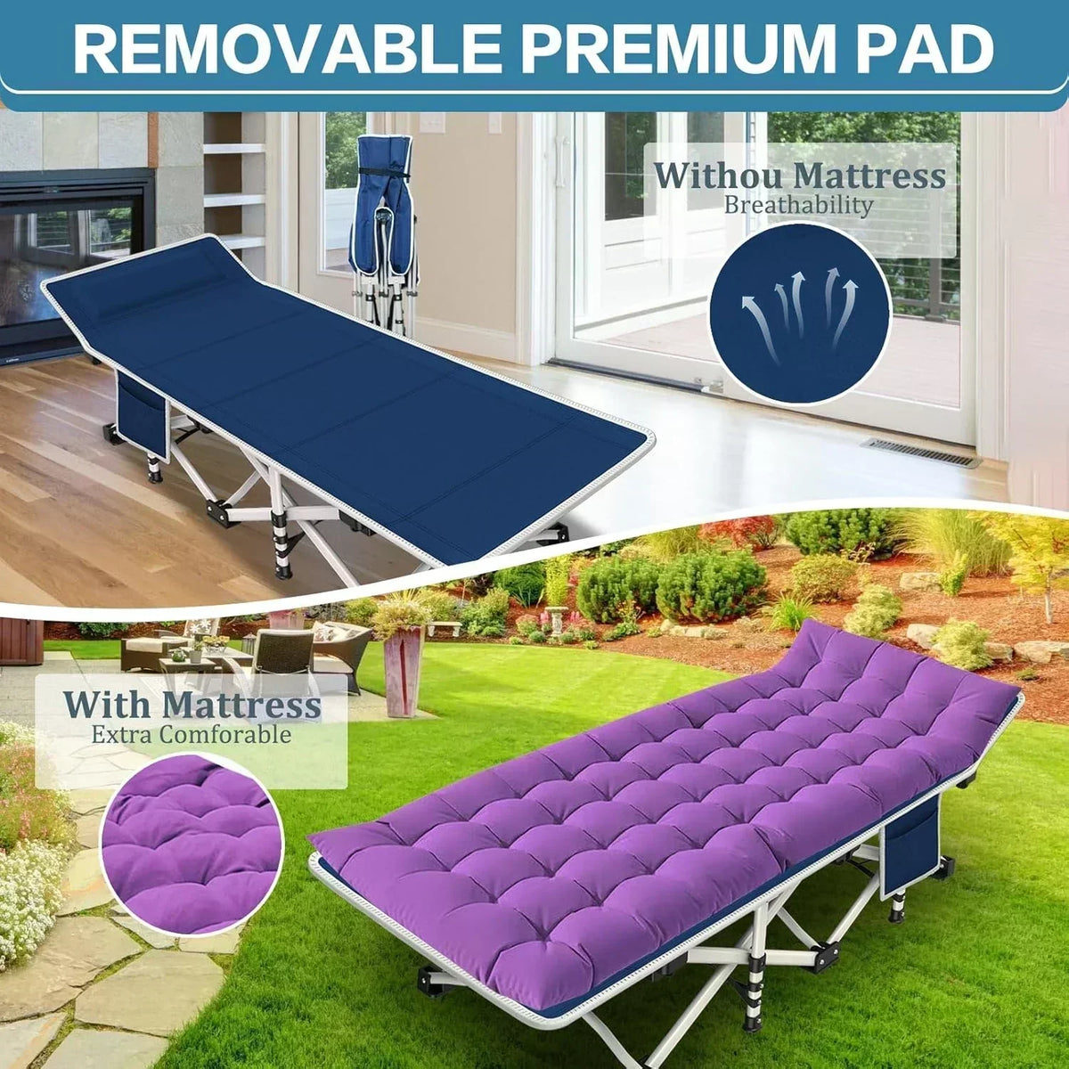 2-Pack Camping Cots with Mattress Comfortable Folding Bed Heavy Duty Baby Cot