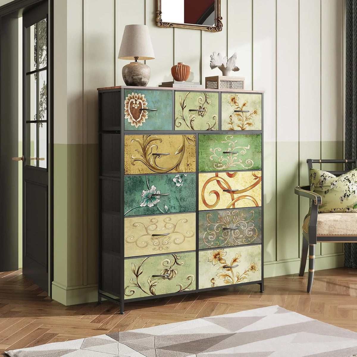 Storage Organizer Unit with 11 Fabric Bins, Storage Drawers Organizer with Steel Frame, Tall Storage Tower Organizaton