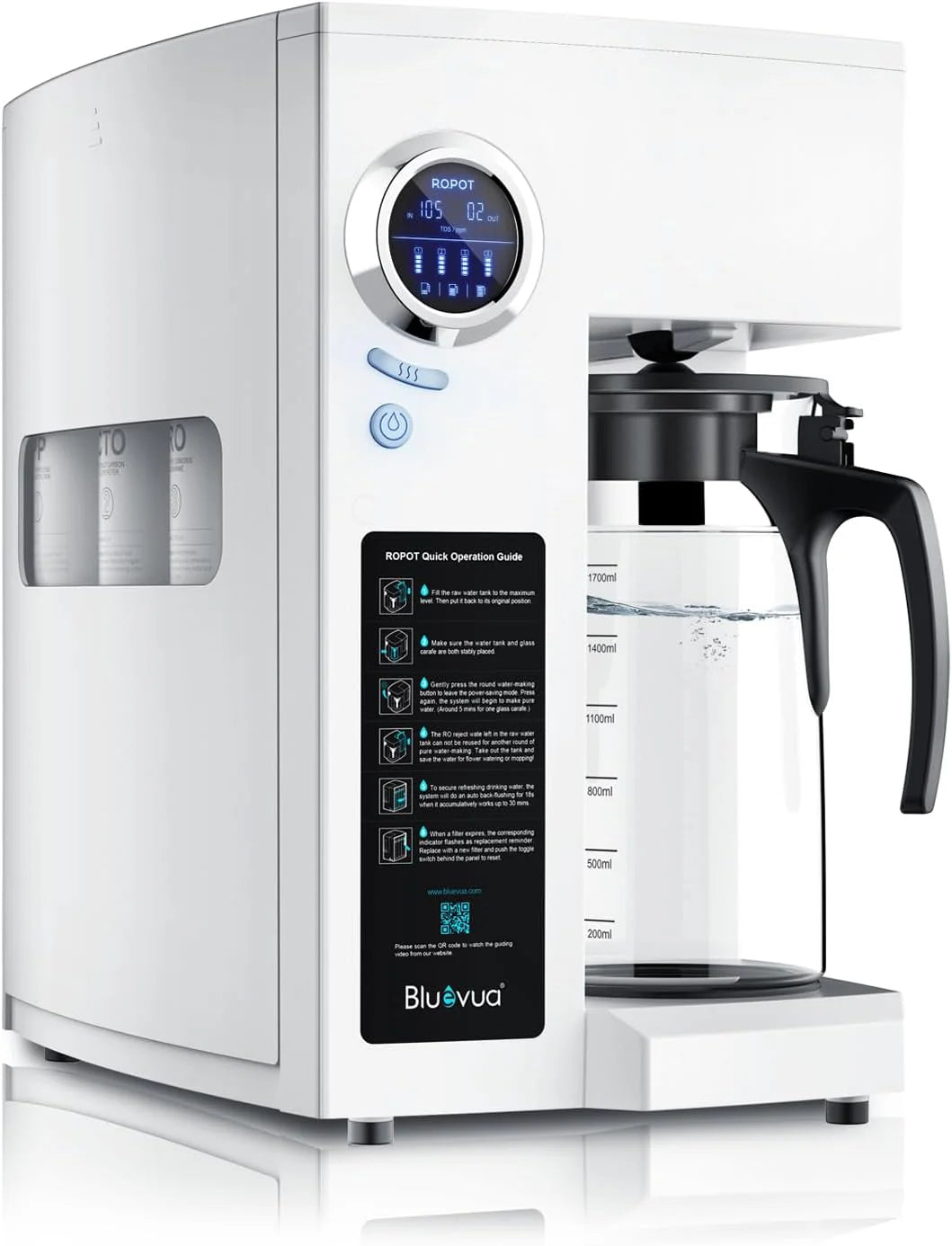 Bluevua RO100ROPOT-UV Reverse Osmosis System Countertop Water Purifier - 6-stage purification with UV and remineralization, reverse osmosis filtration