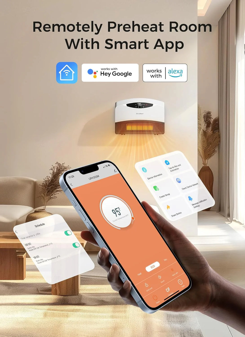 GiveBest Electric Wall Heater with WiFi and Remote Control, Floor or Wall Mounted Heater, Large Room Coverage, 3 Heating Modes, 1500W Fast Heating Space with Thermostat for Indoor Room Use
