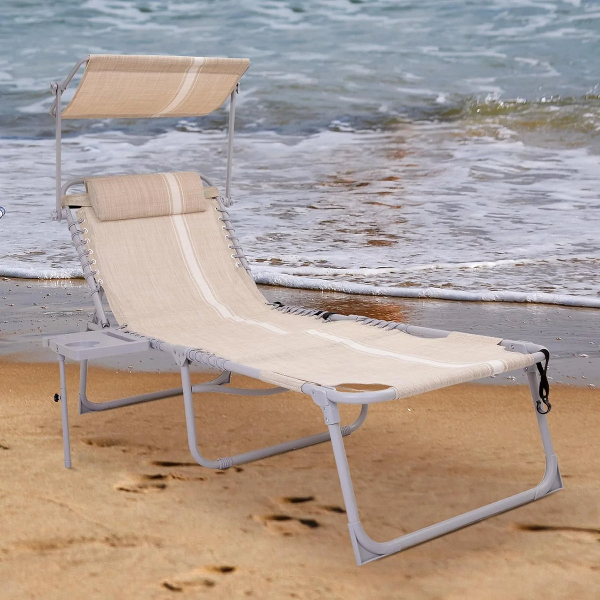 2 Pack Outdoor Chaise Lounge Chair - Portable Folding Patio Pool Lounge Chair, 5 Positions Adjustable Reclining Camping Chair with Side Table,Shoulder Strap, Pillow for Beach Sunbathing Lawn