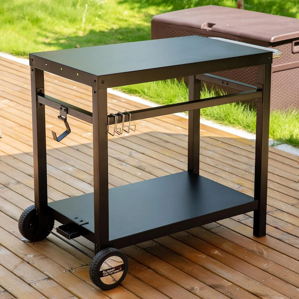 Royal Gourmet Dining Cart Table with Double-Shelf, Movable Stainless Steel Flattop Grill Cart, Hooks, Side Handle, Multifunctional PC3401B (Black)