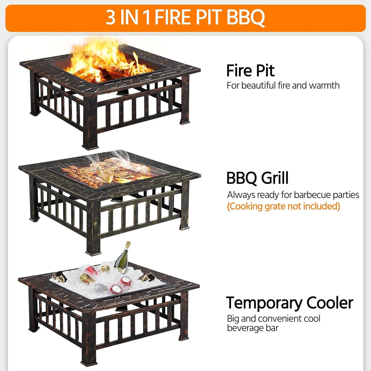 Yaheetech Multifunctional Fire Pit Table 32in Square Metal Firepit Stove Backyard Patio Garden Fireplace for Camping, Outdoor Heating, Bonfire and Picnic
