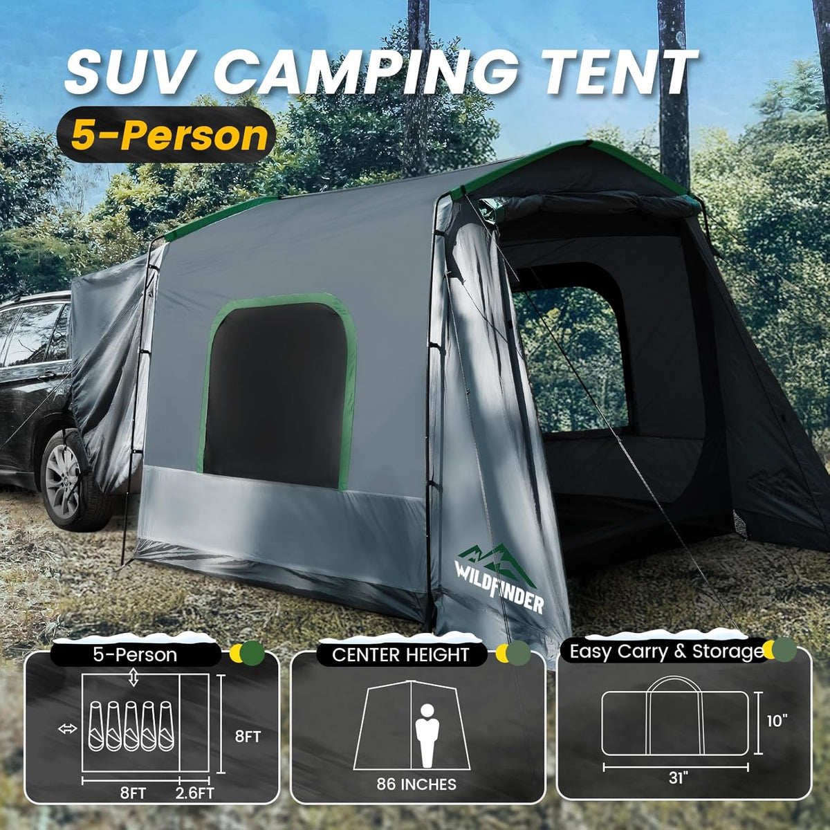 SUV Tent, 5-9 Person Rectangle Car Tent for Family, Waterproof & Windproof for Car Camping, Large Camping Tents with Storage Bag, SUV, Van, Jeep, Pickup 8FT L x 10.6FT W x 7.2FT H
