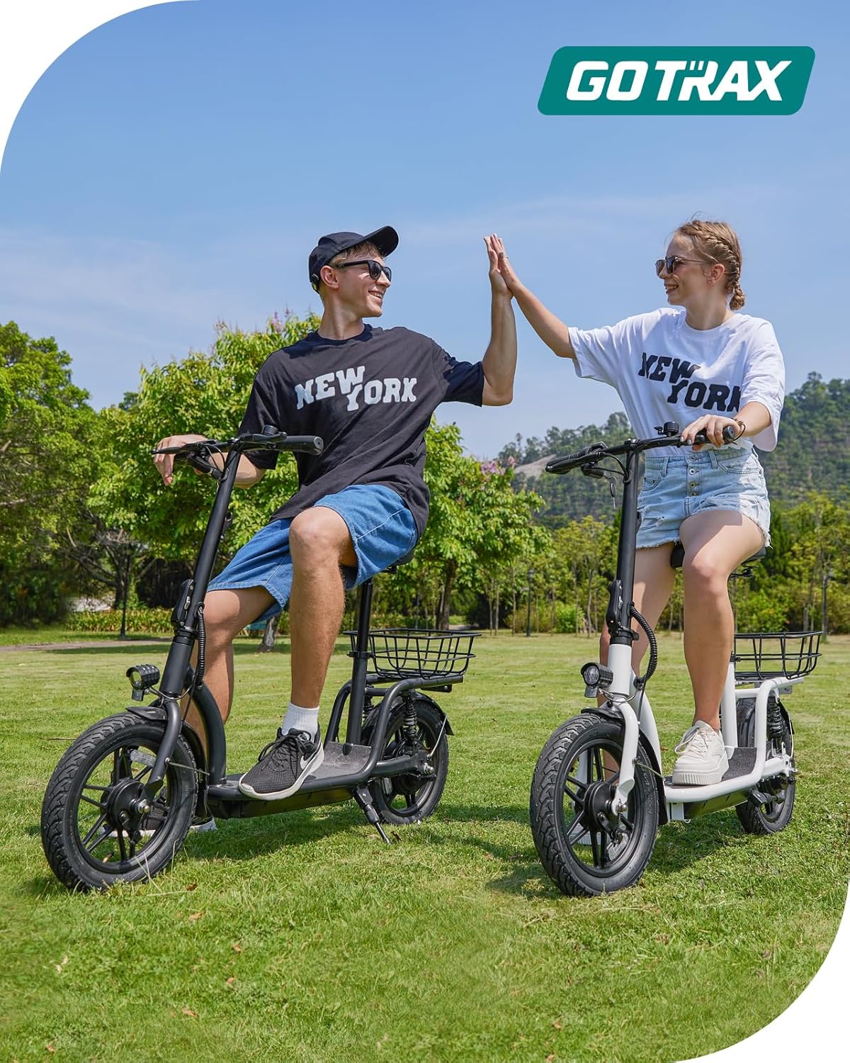 Gotrax adult electric scooter with seat maximum range of 19-25 miles all-terrain tires wide pedals