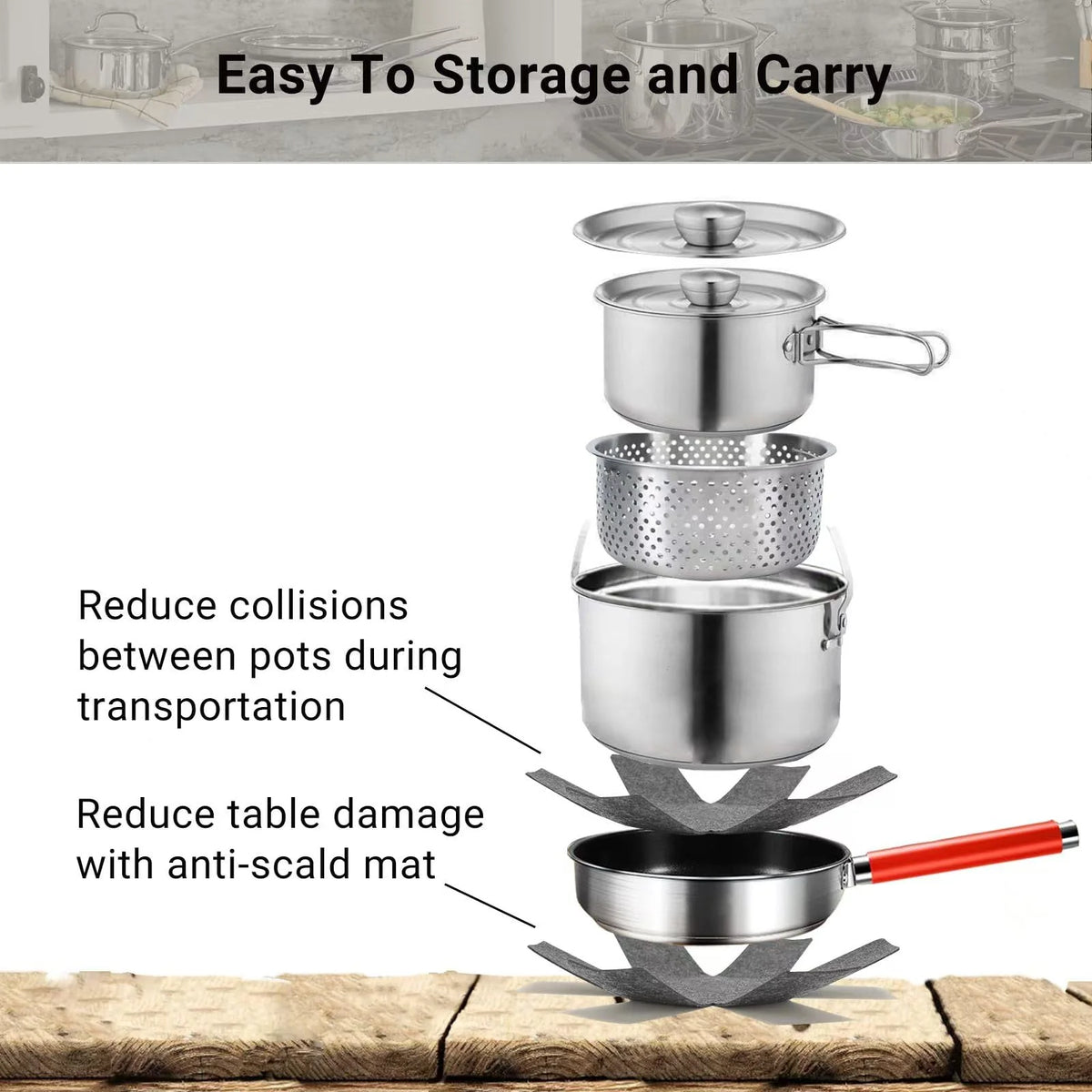 5 Piece Stainless Steel Camping Cookware Set with Colander and Travel Bag for 4 to 6 People