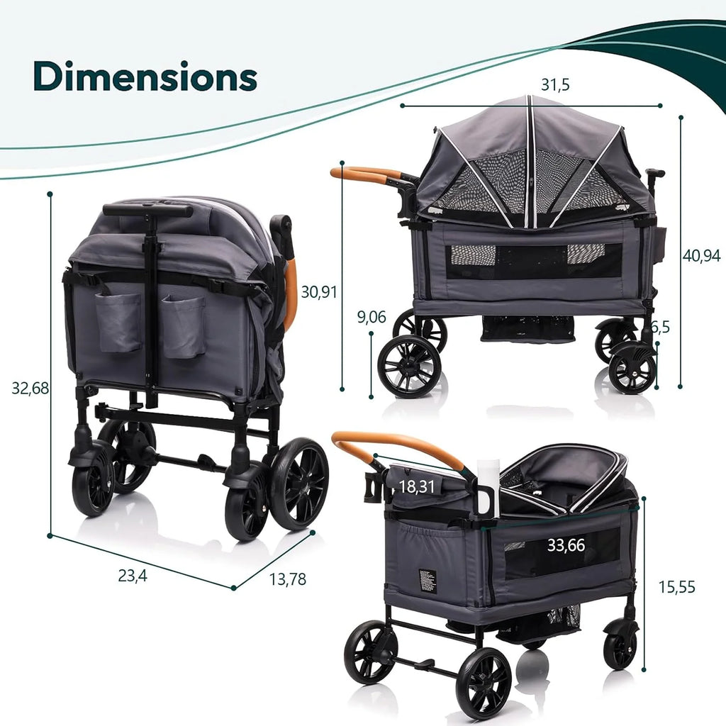 Wagon Stroller for 2 Kids & Cargo-Travel Stroller Push-Pull Double Wagon Lightweight Folding Stroller for Newborn&Toddler with 5-Point Harness,Adjustable Handle Bar and Canopy,Tray Table,Cup Holder