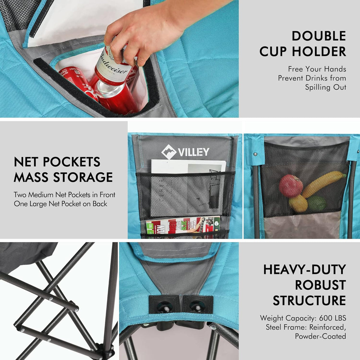 Double camping chair (with cooler bag), extra wide love seat, heavy duty padded camping sofa, portable folding chair