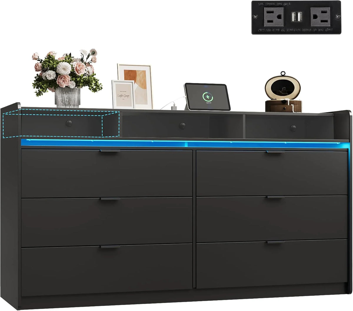 9 Drawer Led Dresser for Bedroom, 58.35'' Wide Wood Dresser Storage Organizer with Power Outlets for 65'' TV, Dressers with Open Shelves