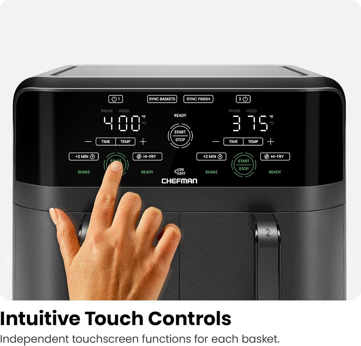 Chefman 6-Quart Dual Basket Air Fryer - Digital Touchscreen, Smart Sync Finish, High-Frying, Auto-Off, 2 Independent 3-Quart Nonstick Pans, Dishwasher-Safe Baskets