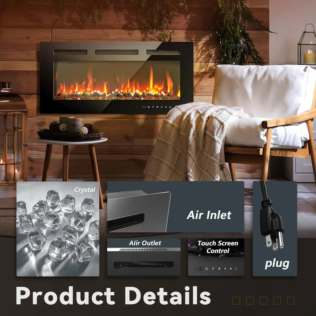 EUHOMY 50 Inch Electric Fireplace Wall Recessed and Wall Mounted with Adjustable Flame Color, Fireplace Heater with Remote Control, Linear Fireplace with Timer, Touch Screen, Log & Crystal, 750/1500W