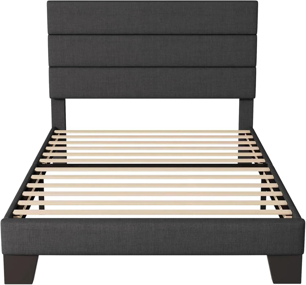 Allewie Queen Size Platform Bed Frame with Fabric Upholstered Headboard Wooden Slats Support