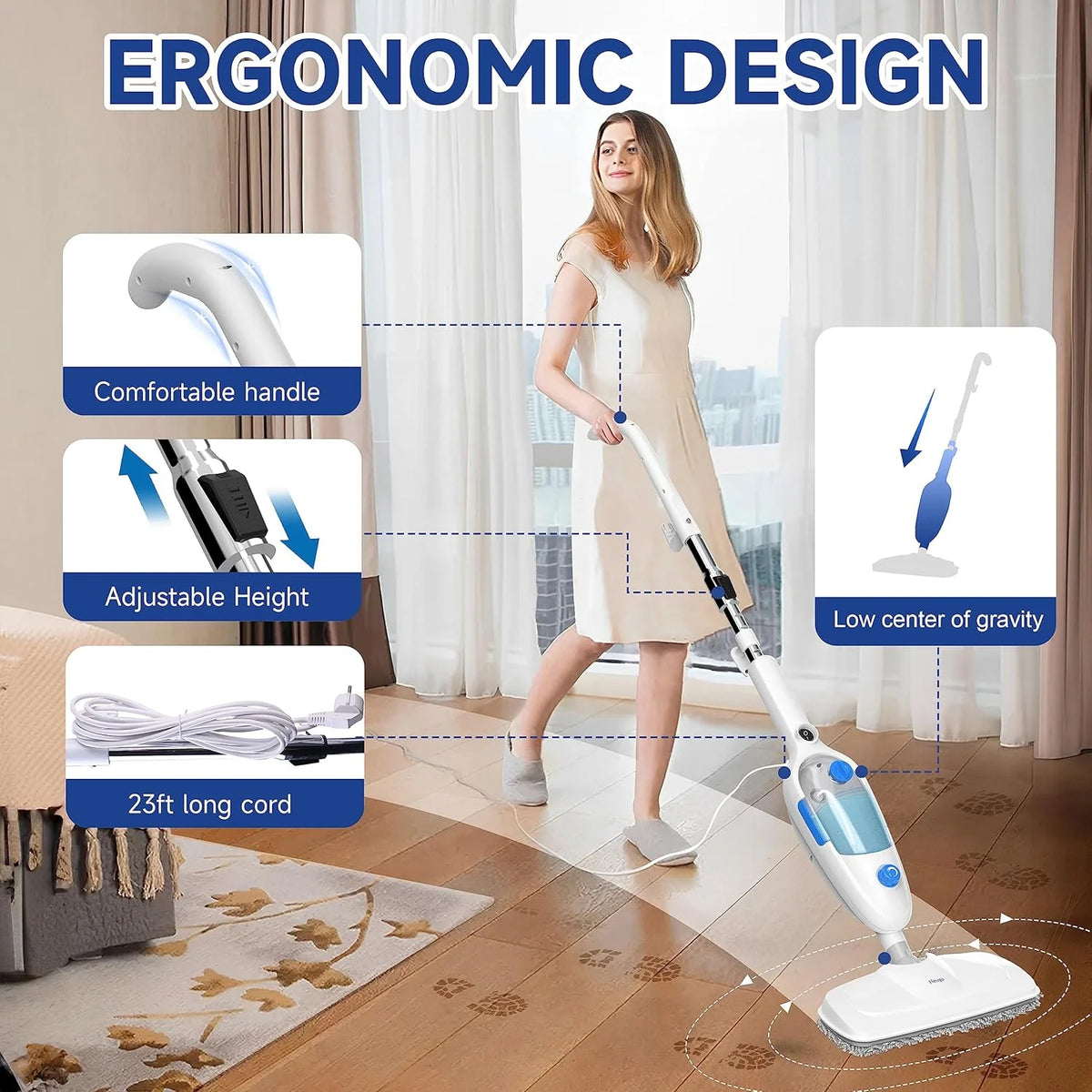 Steam Mop for Hardwood Floor Cleaning, Floor Steamer Cleaner Lightweight for Vinyl, Laminate, Carpet, Tile Hard Floors w/Adjustable Steam Modes & Height, 23ft Cord, 2 Washable Pad