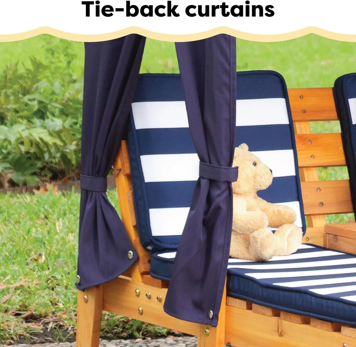 KidKraft Wooden Outdoor Double Chaise Lounge with Cup Holders, Kid's Patio Furniture, Honey with Navy and White Striped Fabric, Gift for Ages 3-8
