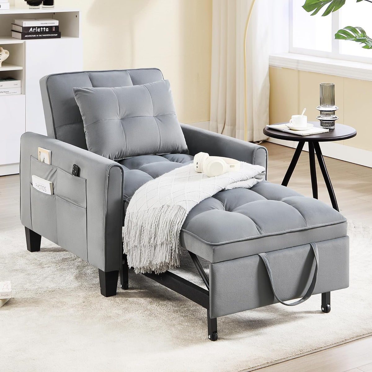 Convertible Sleeper Chair, 3 in 1 Sleeper Chair Bed Pull Out Sofa Bed Chairs, Velvet Single Sofa with Adjustable Backrest