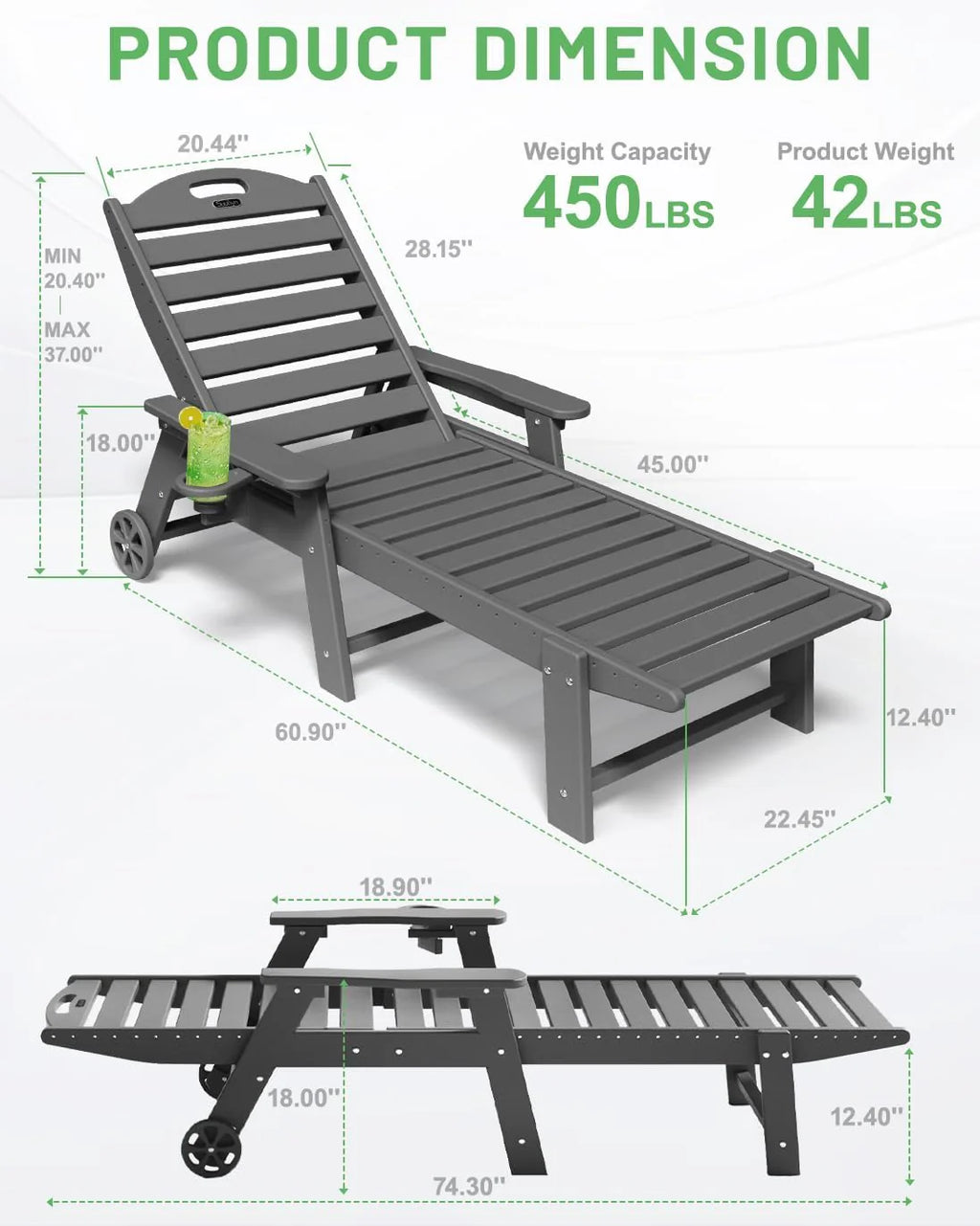 Lounge Chair Outdoor, Chaise Lounge, HDPE 6-Position Outdoor Chaise Lounge, Patio Lounge Chair with Wheels & Cup Holder for Pool Poolside Deck Backyard, Teak