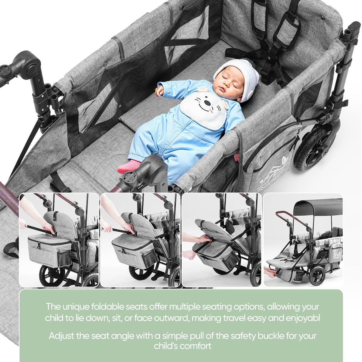 Wagon Stroller for 2 Kids,Premium Wagon for Kids with Removable Canopy, Snack Tray, Convertible Baby Bassinet, 5-Point Safety Harness, All-Terrain PU Wheels & Adjustable Push/Pull Handle,Grey