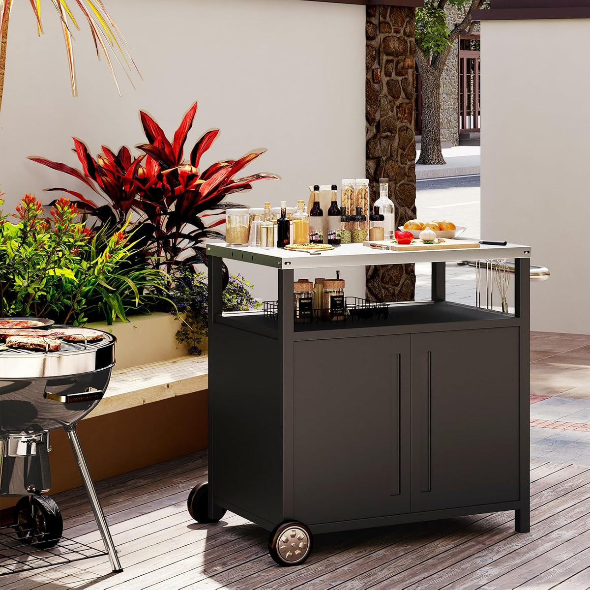 Stainless Steel Outdoor Grill Cart Pizza Oven Stand Trolley Table with Wheels Three-Shelf