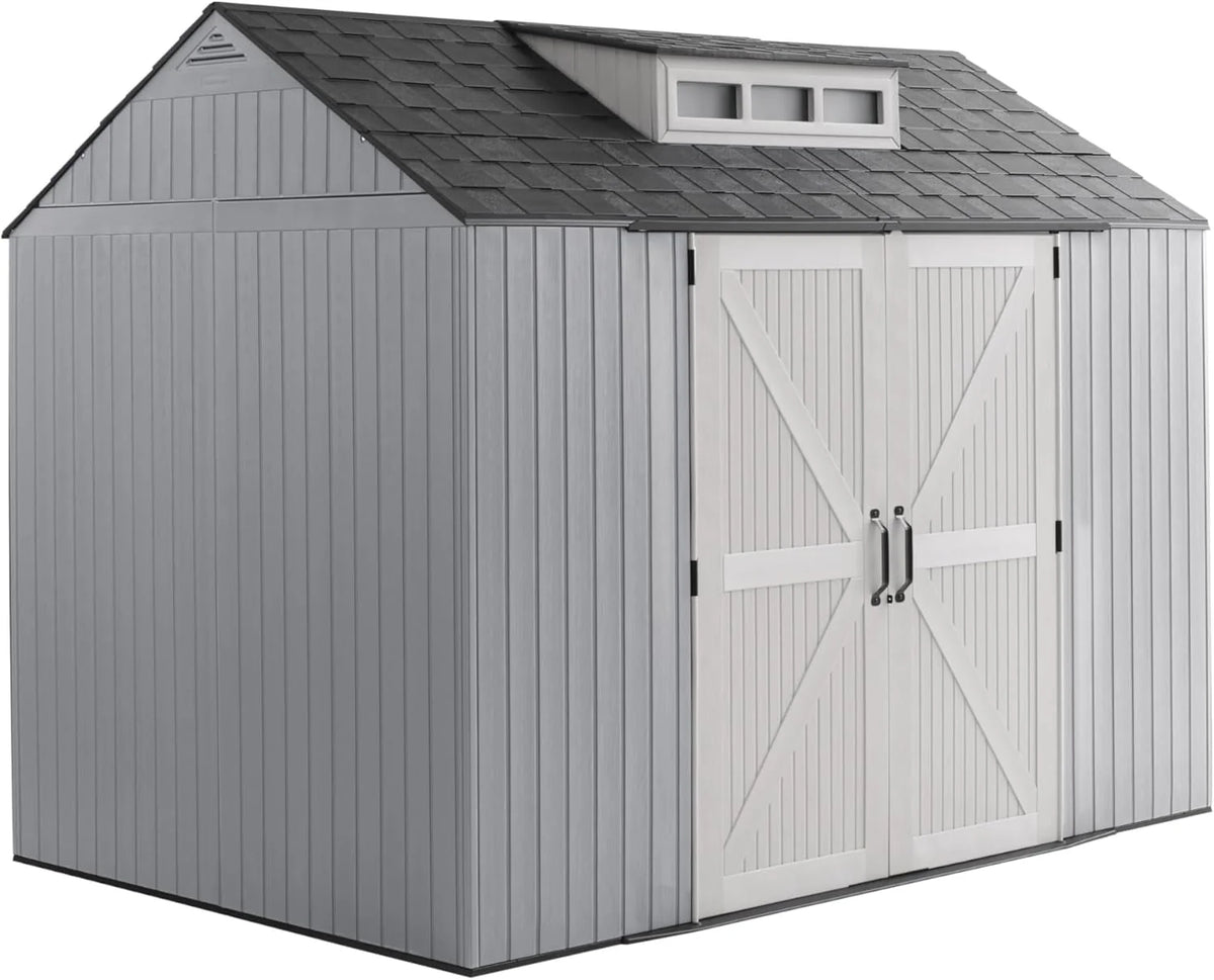 Rubbermaid Resin Outdoor Storage Shed With Floor (7 x 7 Ft) Weather Resistant Gray Organization for Home/Backyard/Garden Tools/Lawn Mower/Bike Storage/Pool Supplies