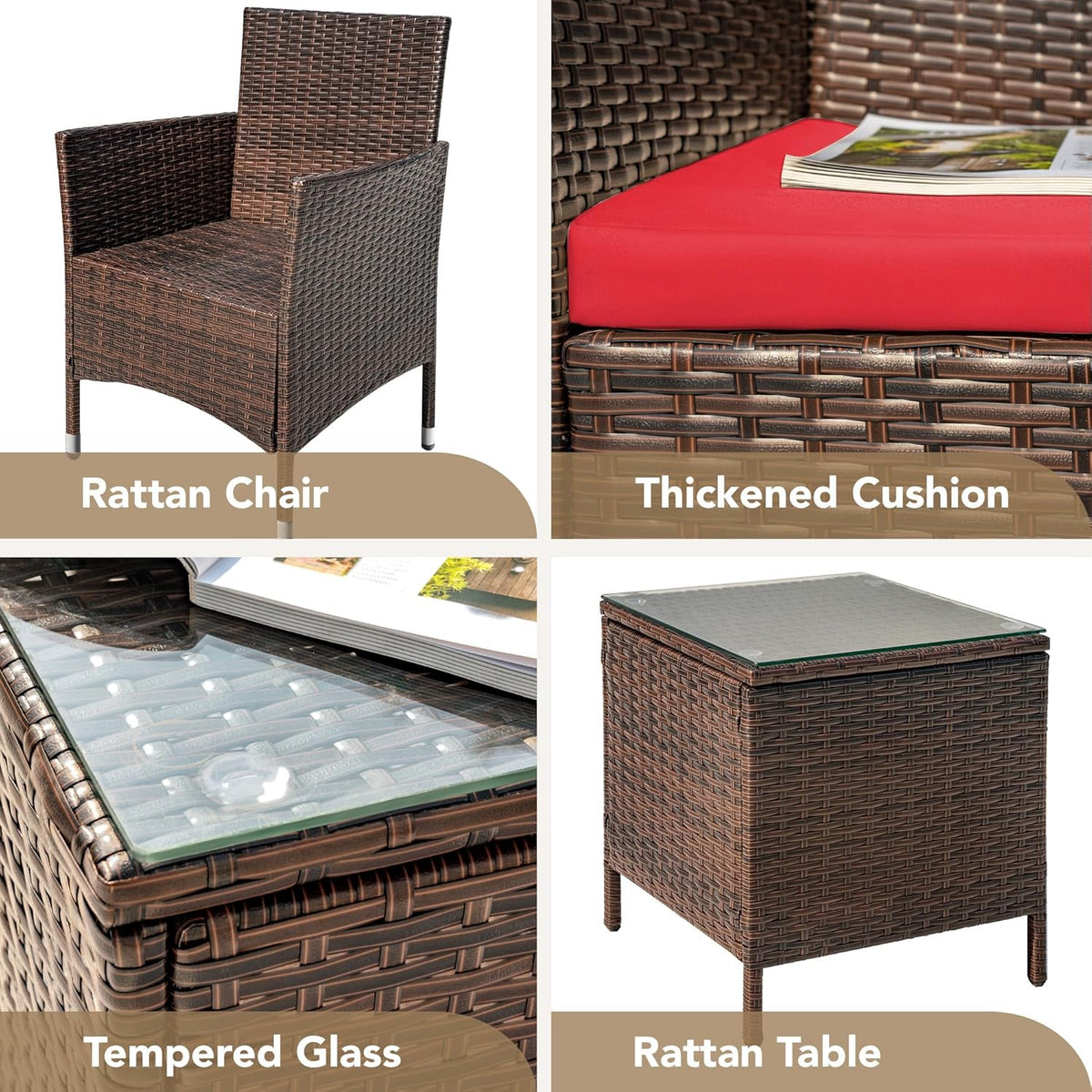 Devoko Patio Porch Furniture Sets 3 Pieces PE Rattan Wicker Chairs with Table Outdoor Garden Furniture Sets (Brown/Beige)