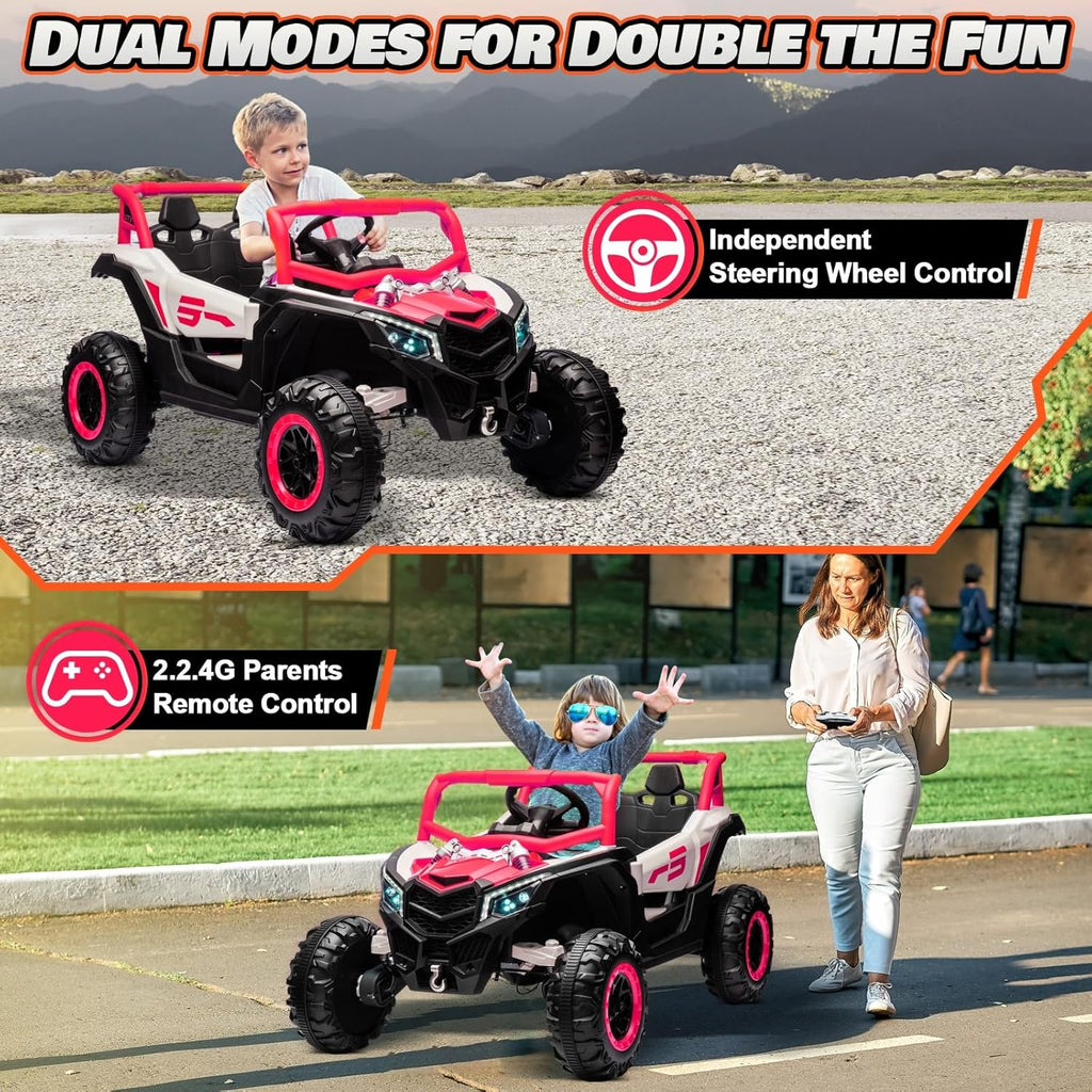 JOYRACER Kids Remote Control Car with 4 x 150W Motors, Shock Absorbers, Bluetooth, MP3 Player, and Headlights