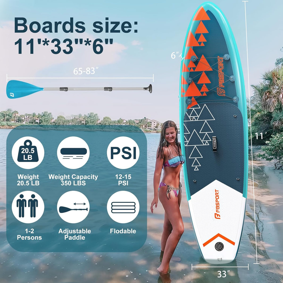 FBSPORT 11' Premium Stand Up Paddle Board, Yoga Board with Durable SUP Accessories & Carry Bag | Wide Stance, Surf Control, Non-Slip Deck, Leash, Paddle and Pump for Youth & Adult