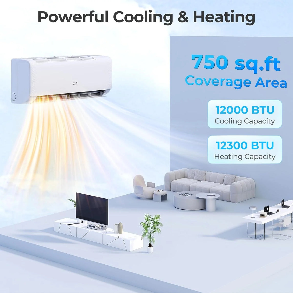 COSTWAY 12000BTU Mini Split Air Conditioner& Heater, 20 SEER2 115V Wall-Mounted Ductless AC Unit Cools Rooms up to 750 Sq. Ft, Energy Efficient Inverter AC with Heat Pump (Blast Series)
