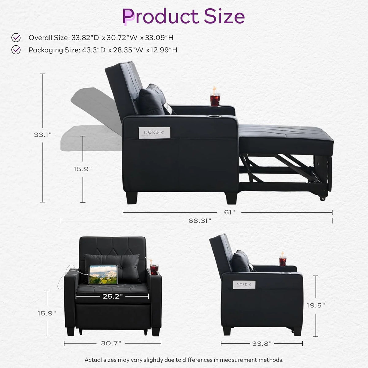 Adult Convertible Sleeper Chair Bed, 3-in-1 Pull-Out Sofa Bed with USB/Type-C Ports, Cup Holders, Side Pockets, Single Sofa
