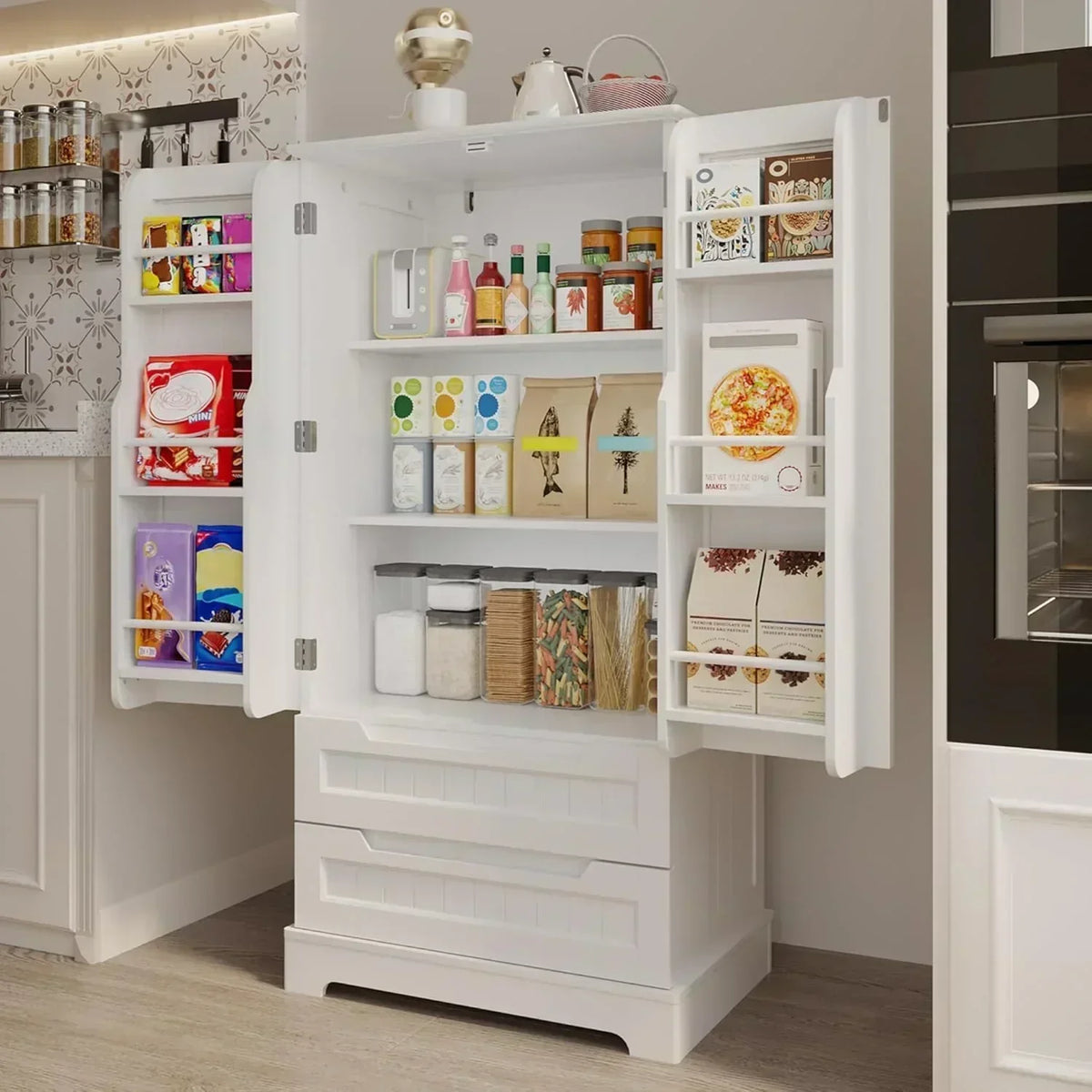 Gizoon Kitchen Pantry Cabinet with Drawers Freestanding Bathroom Storage Cabinet with Doors
