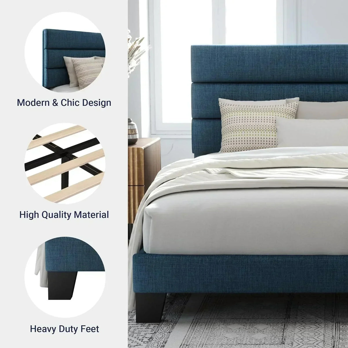 Allewie Queen Size Platform Bed Frame with Fabric Upholstered Headboard Wooden Slats Support