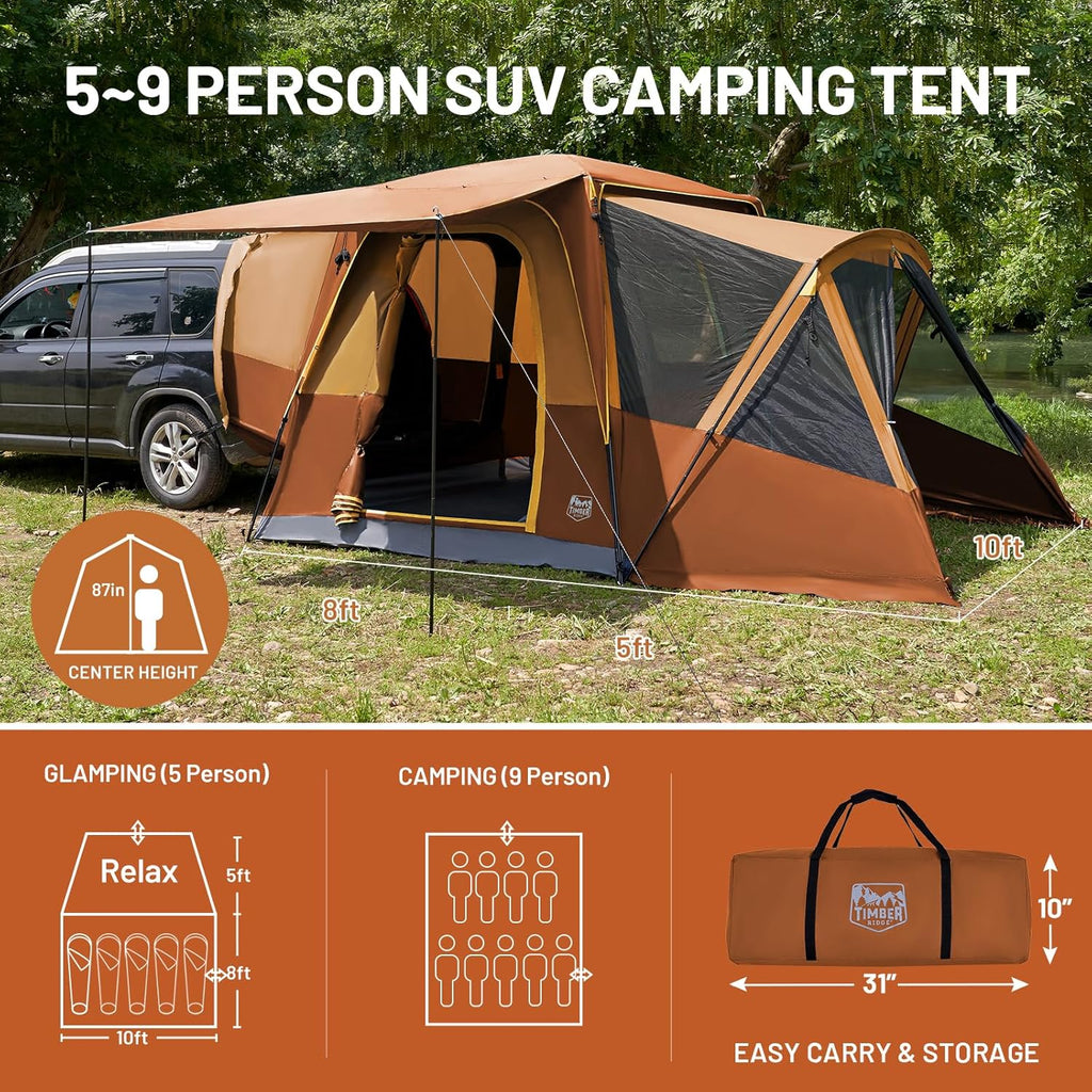 TIMBER RIDGE 5-9 Person SUV Tent with Screen Porch and Awning for Family Camping, Weather Resistant and Portable Van or Car Tent, Includes Rainfly and Storage Bag, 13' W X 10' L X 7.1' H