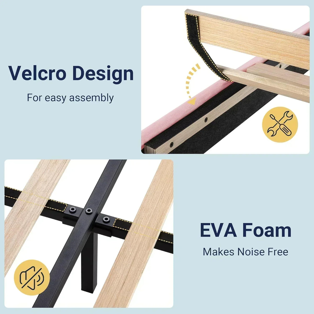 Allewie King size platform bed frame with velvet upholstered headboard and planks