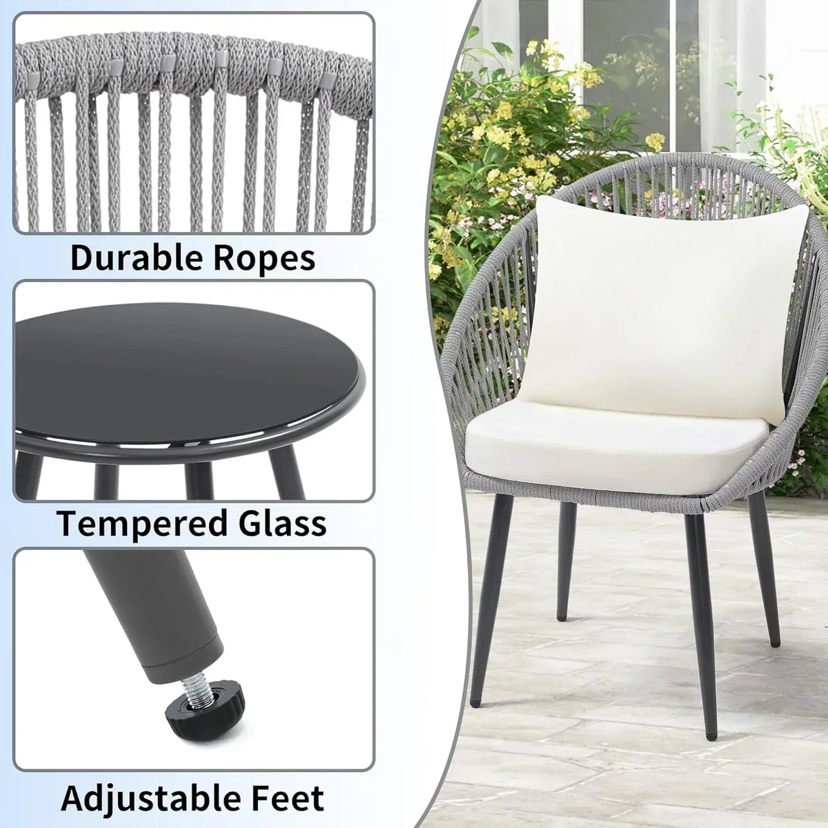 3 Piece Bistro Set Woven Rope Chair with Cushions All Weather Patio Conversation Set Side Table