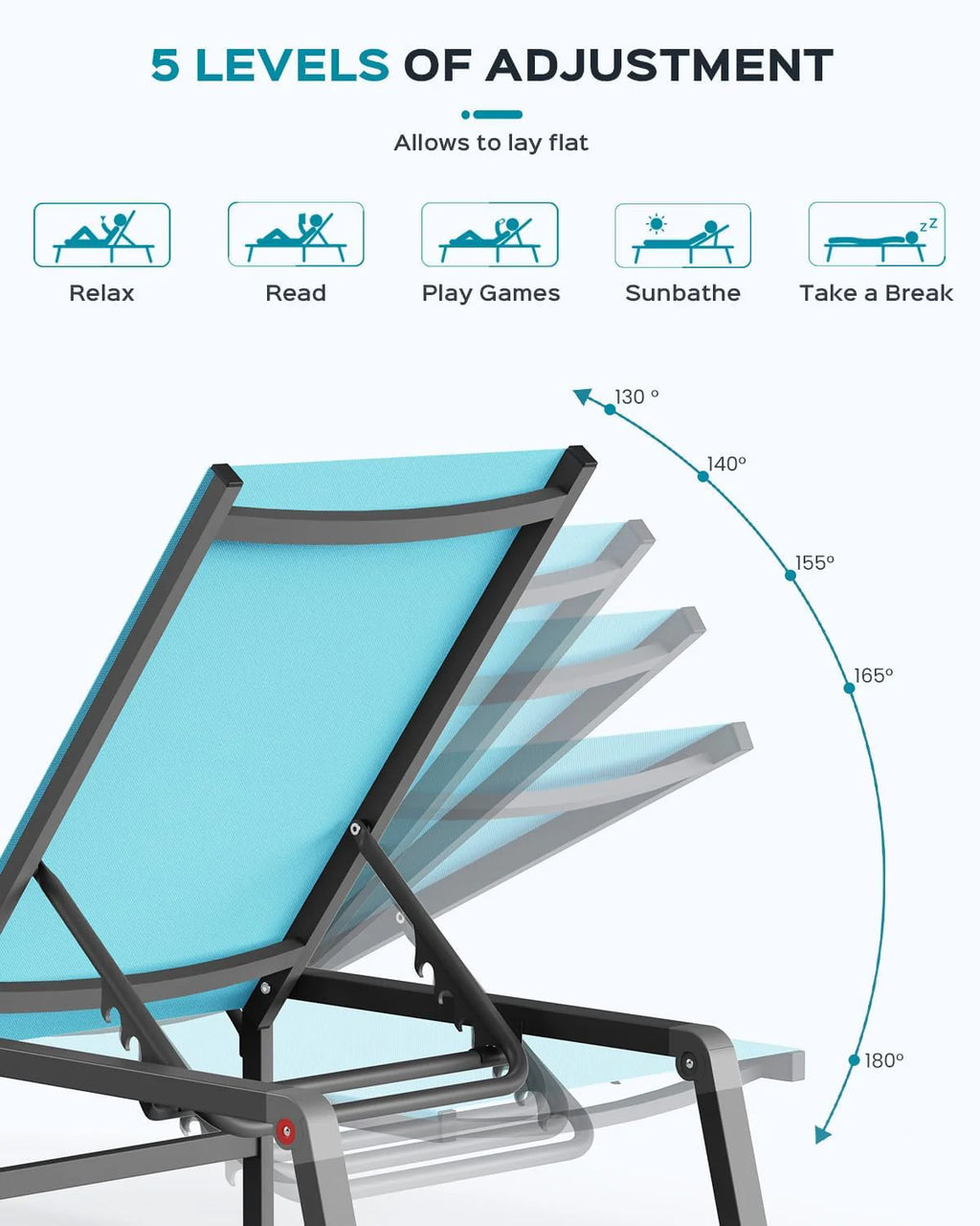 Aluminum Chaise Lounge Ourdoor - Foldable & Assemble Free Outdoor Lounge Chair with 5 Adjustable Backrest, Patio Lounge Chair for Outside Poolside Beach Pool, Black