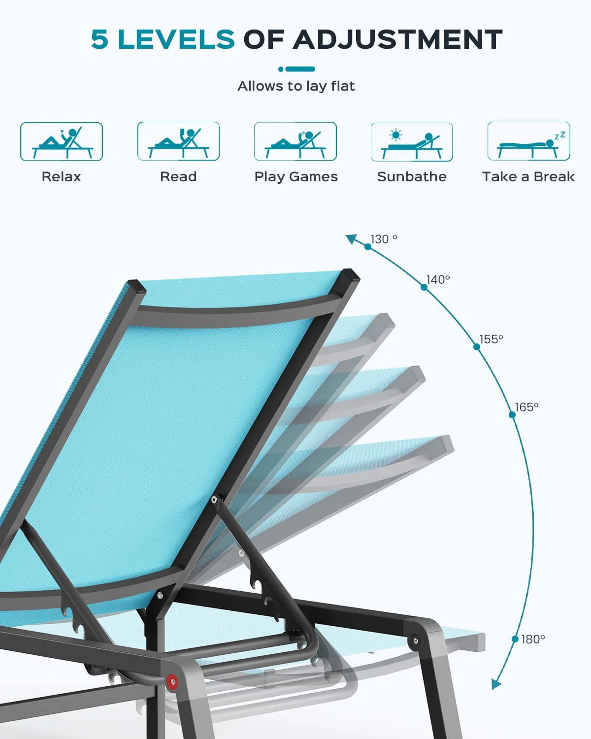 Aluminum Chaise Lounge Ourdoor - Foldable & Assemble Free Outdoor Lounge Chair with 5 Adjustable Backrest, Patio Lounge Chair for Outside Poolside Beach Pool, Black