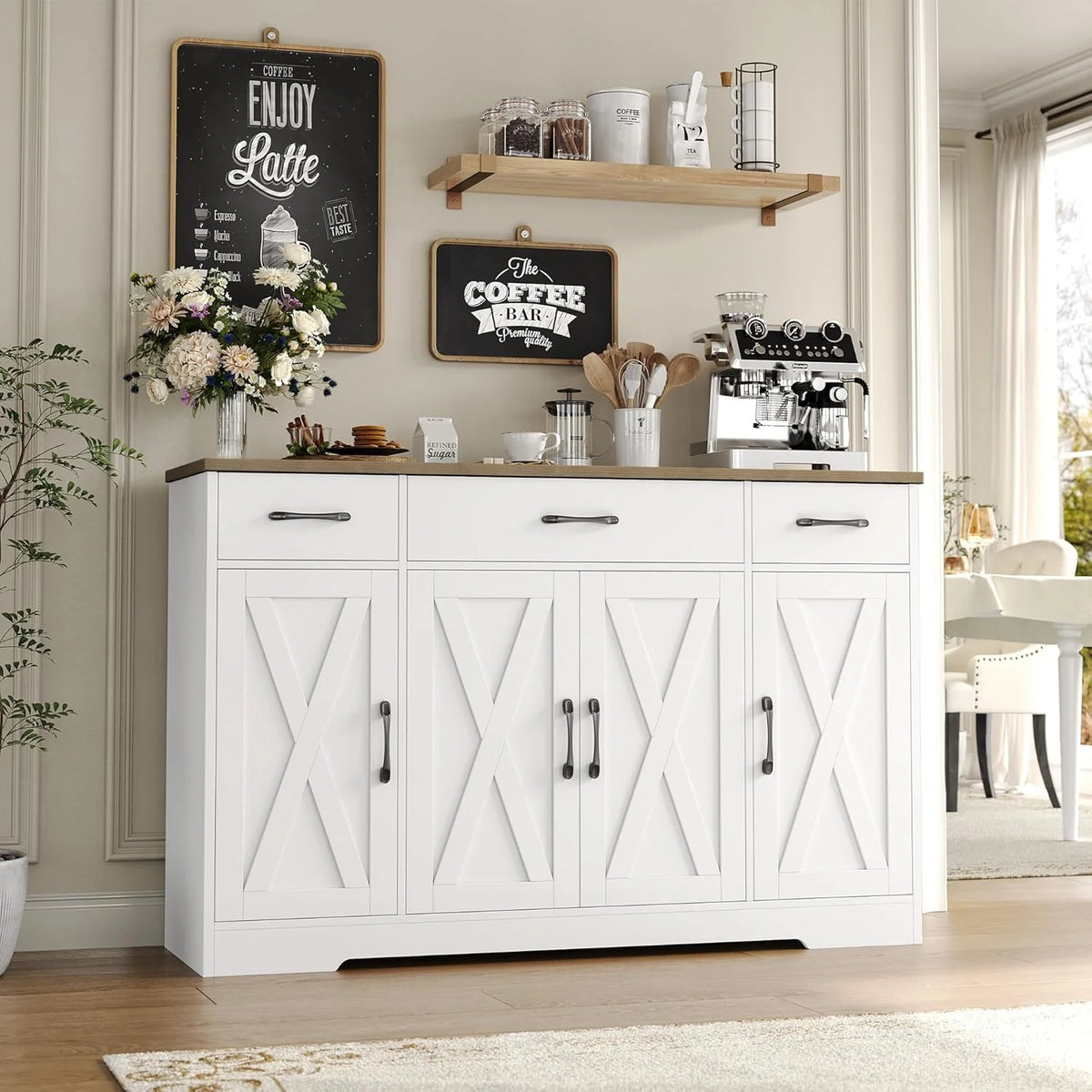 HOSTACK Buffet Cabinet with Drawers, 55 Large Sideboard Buffet Storage Cabinet with Shelves and Doors, Modern Farmhouse Coffee Bar Station Wood Kitchen Table for Kitchen, Dining Room, White/Rustic