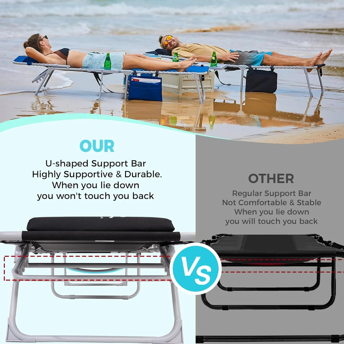 2 Pack Outdoor Chaise Lounge Chair - Portable Folding Patio Pool Lounge Chair, 5 Positions Adjustable Reclining Camping Chair with Side Table,Shoulder Strap, Pillow for Beach Sunbathing Lawn