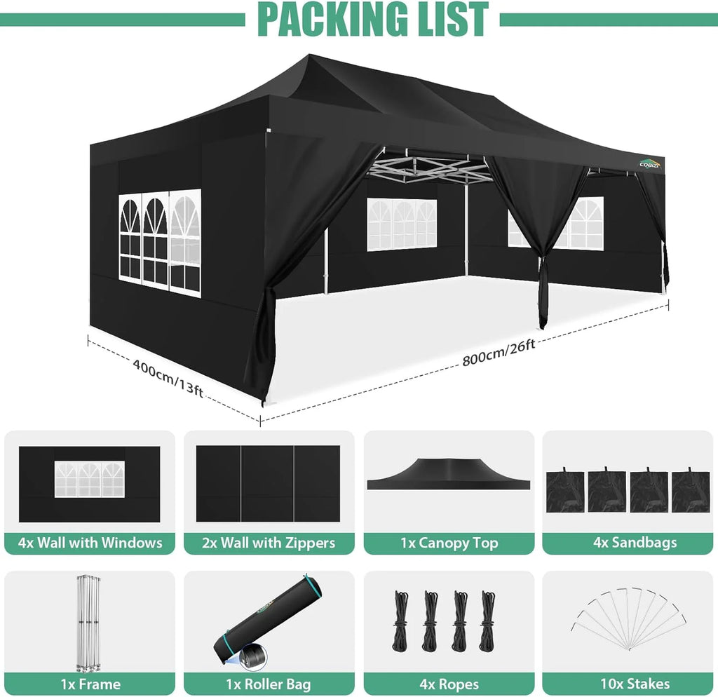 COBIZI 10x20 Heavy Duty Pop up Canopy Tent with 6 sidewalls Easy Up Commercial Outdoor Canopy Wedding Party Tents for Parties All Season Wind & Waterproof Gazebo with Roller Bag,Black(Frame Thickened)