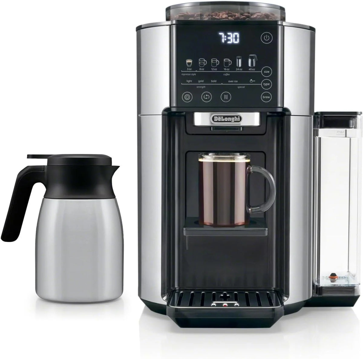 De'Longhi True Brew Drip Coffee Maker, Built in Grinder, Single Serve, 8 oz to 24 oz, Hot or Iced Coffee, Stainless, CAM51025MB