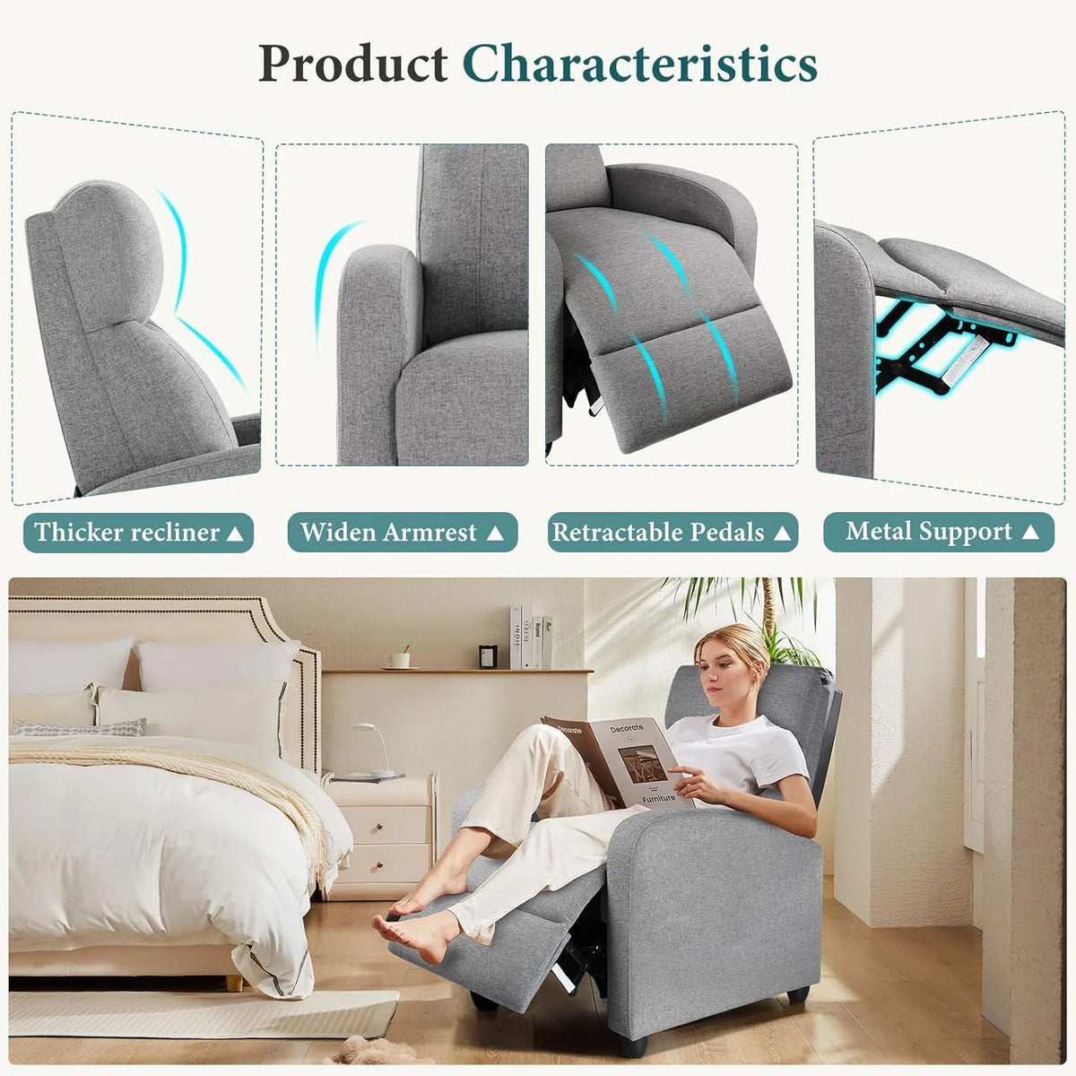 Swivel Rocking Recliner Chair with Extra Large Footrest High Back, Upholstered Glider Nursery Chair for Living Room, Bedroom & Nursery, Comfortable Deep Seat for Relaxation, Grey