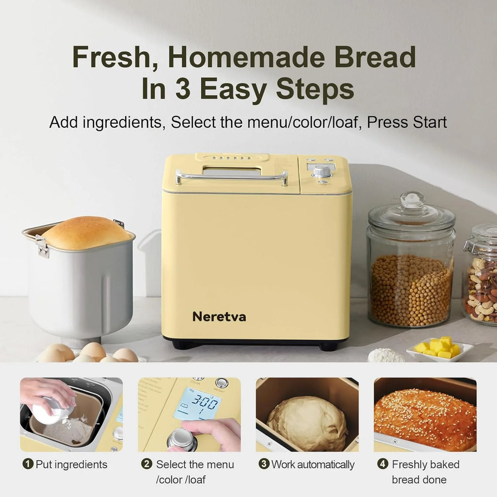 Neretva Bread Maker, 20-IN-1 2LB Bread Machine Dual Heater Bread Maker Machine Automatic with Nonstick Ceramic Pan, 15H Timer & 1H Keep Warm Set, Low Noise, Stainless Steel Breadmaker Recipe-Green