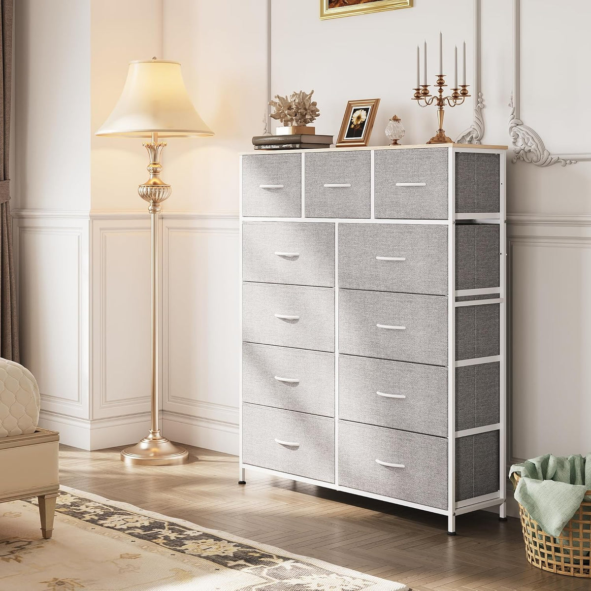 Storage Organizer Unit with 11 Fabric Bins, Storage Drawers Organizer with Steel Frame, Tall Storage Tower Organizaton