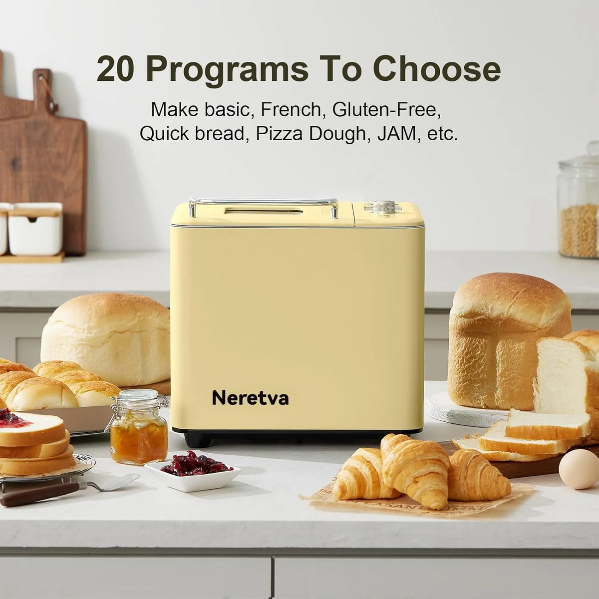 Neretva Bread Maker, 20-IN-1 2LB Bread Machine Dual Heater Bread Maker Machine Automatic with Nonstick Ceramic Pan, 15H Timer & 1H Keep Warm Set, Low Noise, Stainless Steel Breadmaker Recipe-Green
