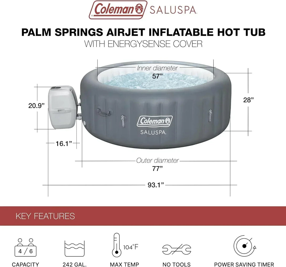 Bestway Palm Springs 4 to 6 Person EnergySense Smart AirJet Plus Inflatable Hot Tub Outdoor Spa