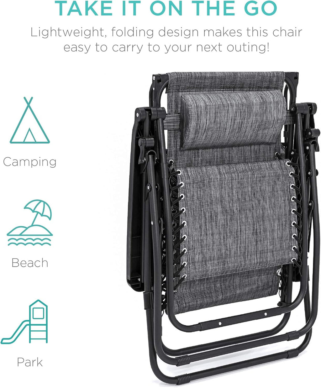 Best Choice Products Folding Zero Gravity Outdoor Recliner Patio Lounge Chair w/Adjustable Canopy Shade, Headrest, Side Accessory Tray, Textilene Mesh - Peacock Blue